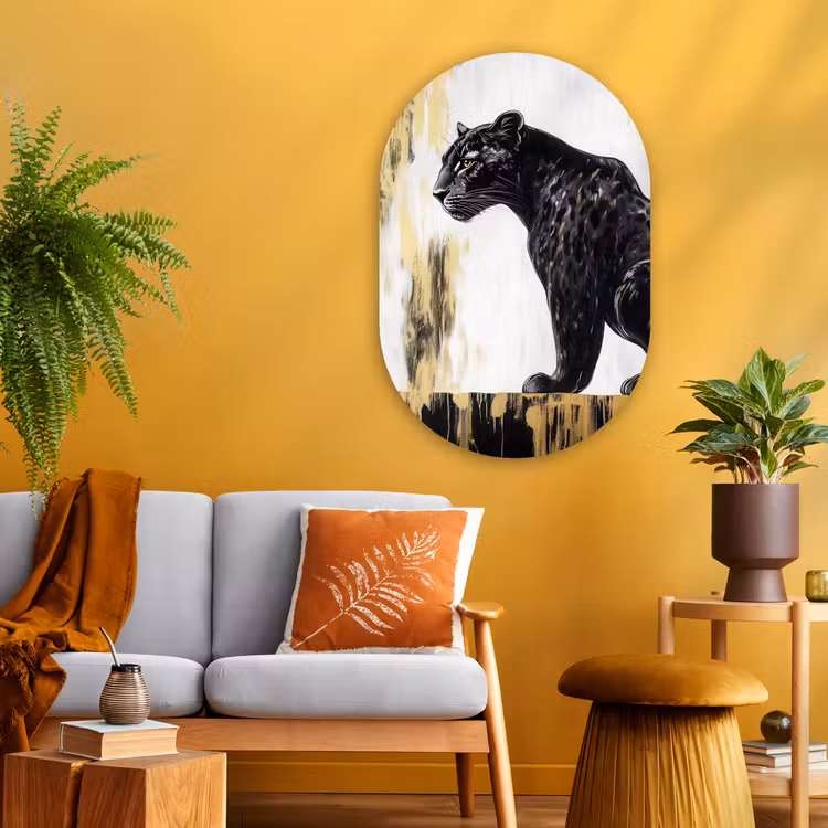 Panter - Zwart - Abstract - Goud Wandcirkel Ovaal Glas middel -sfeer4