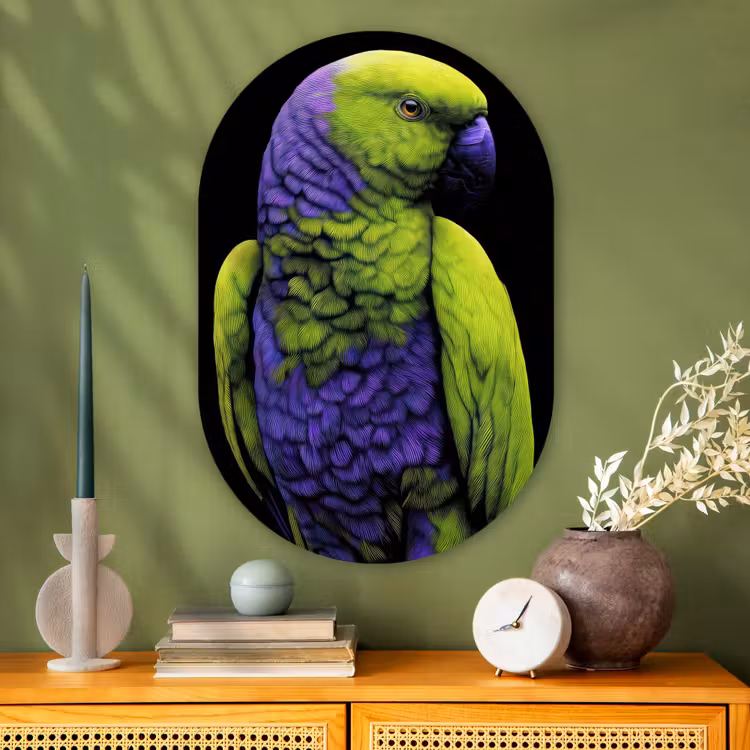 Papegaai - Veren - Opvallend - Groen Wandcirkel Ovaal Glas middel -sfeer2