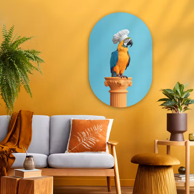 Papegaai - Koksmuts - Grappig - Vogel Wandcirkel Ovaal Glas middel -sfeer4