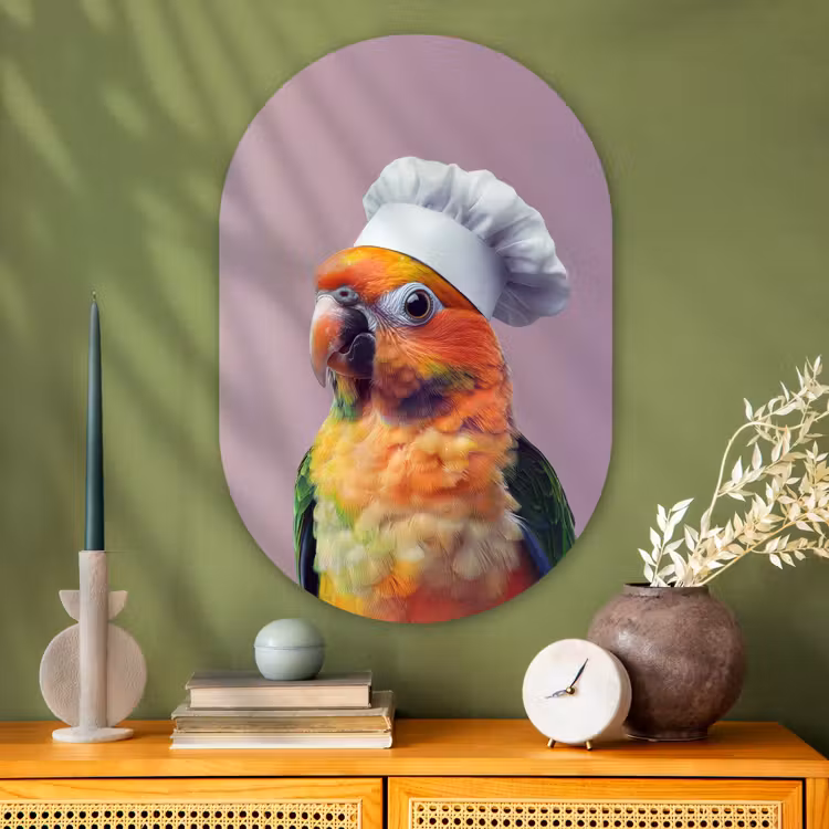 Papegaai - Koksmuts - Nieuwsgierig - Vogel Wandcirkel Ovaal Glas middel -sfeer2