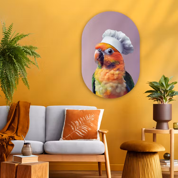 Papegaai - Koksmuts - Nieuwsgierig - Vogel Wandcirkel Ovaal Glas middel -sfeer4