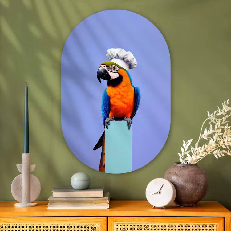 Papegaai - Koksmuts - Vogel - Leuk Wandcirkel Ovaal Glas middel -sfeer2