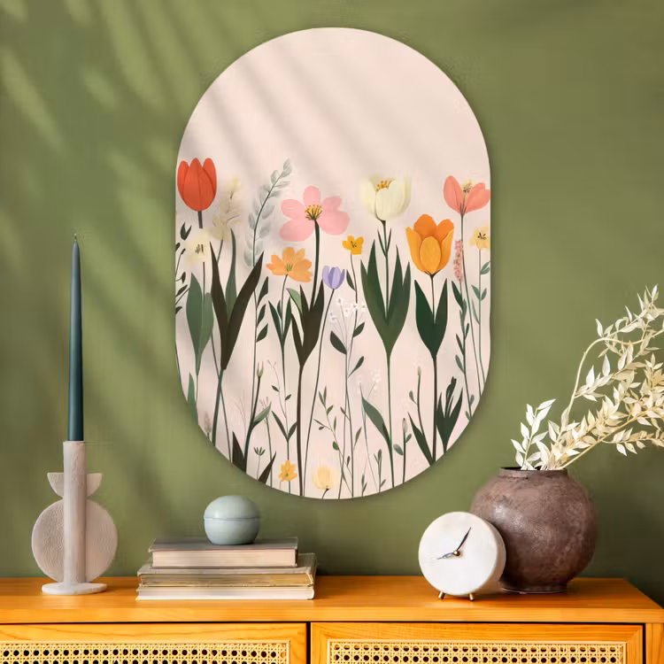 Pasteltinten - Bloemen - Illustratie Wandcirkel Ovaal Glas middel -sfeer2