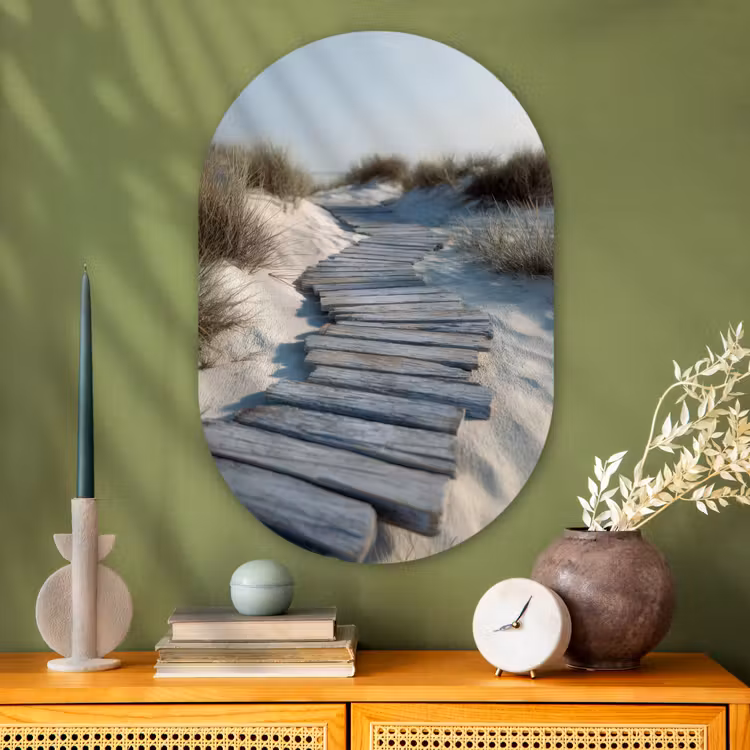 Pad - Planken - Duinen - Gras Wandcirkel Ovaal Glas middel -sfeer2