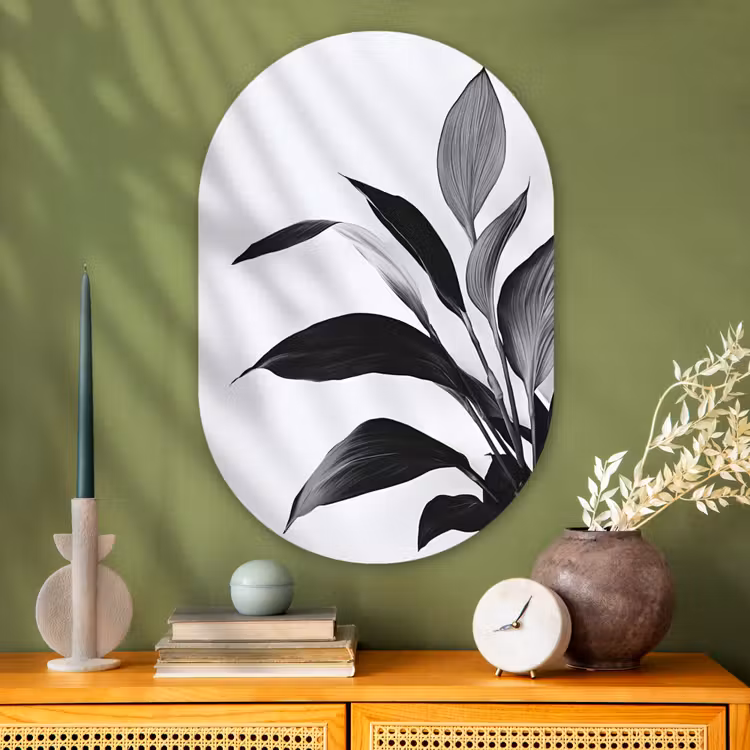 Plant - Bladeren - Minimalistisch - Zwart Wandcirkel Ovaal Glas middel -sfeer2