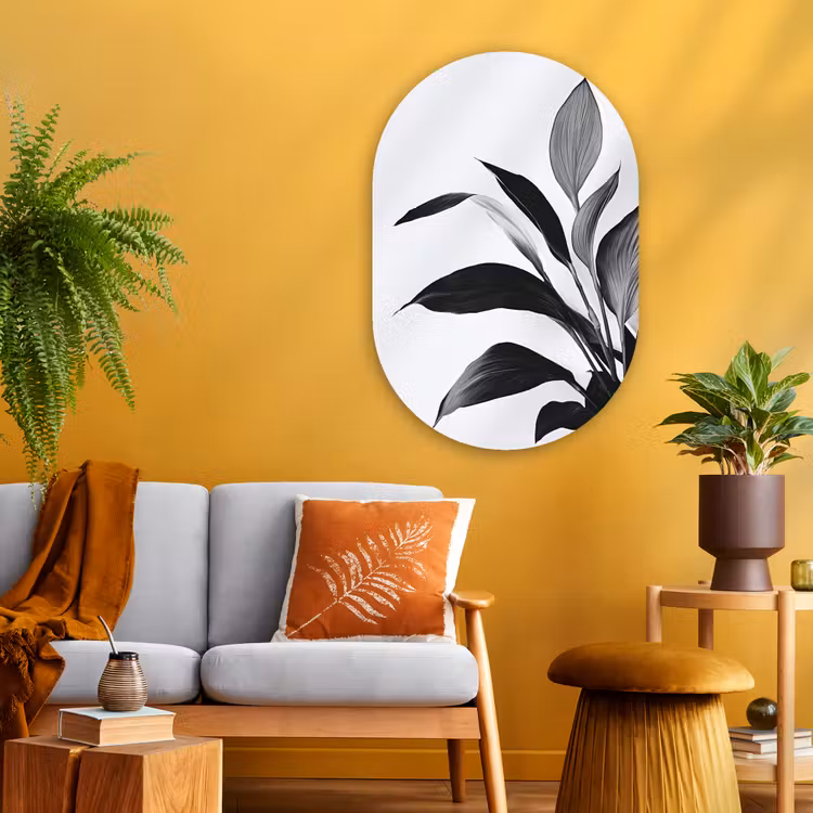 Plant - Bladeren - Minimalistisch - Zwart Wandcirkel Ovaal Glas middel -sfeer4