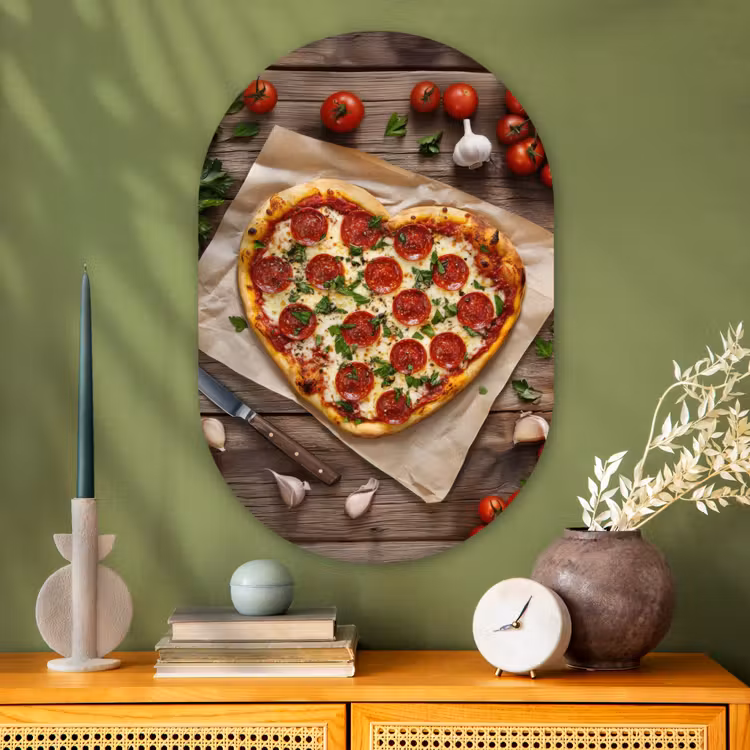 Pizza - Hart - Pepperoni - Tomaat Wandcirkel Ovaal Glas middel -sfeer2