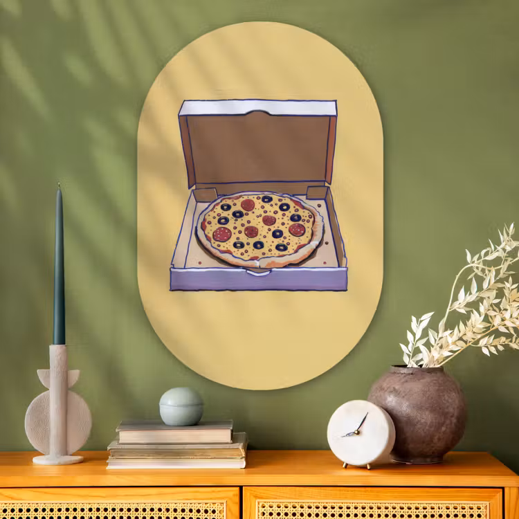 Pizza - Doos - Salami - Illustratie Wandcirkel Ovaal Glas middel -sfeer2