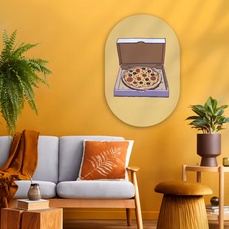 Pizza - Doos - Salami - Illustratie Wandcirkel Ovaal Glas middel -sfeer4