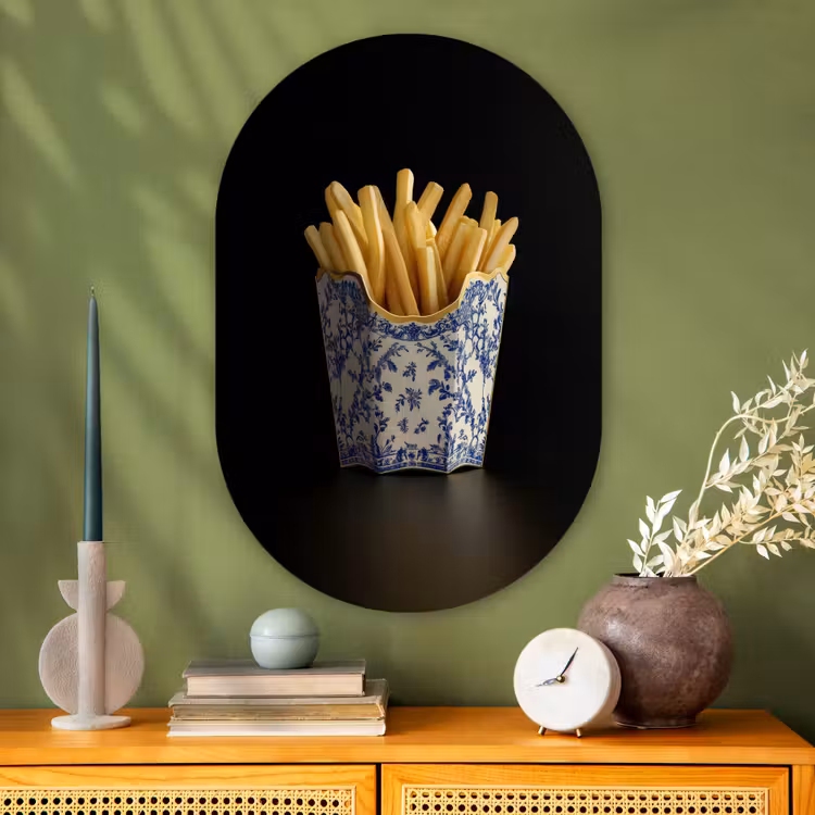 Friet - Porselein - Delfts blauw - Eten Wandcirkel Ovaal Glas middel -sfeer2