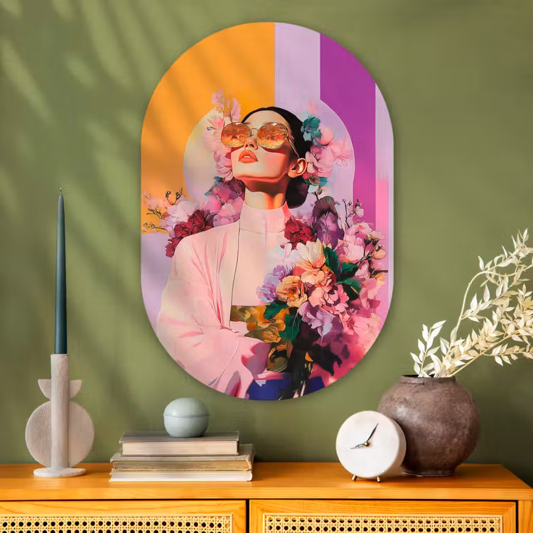 Portret - Vrouw - Abstract - Bloemen Wandcirkel Ovaal Glas middel -sfeer2