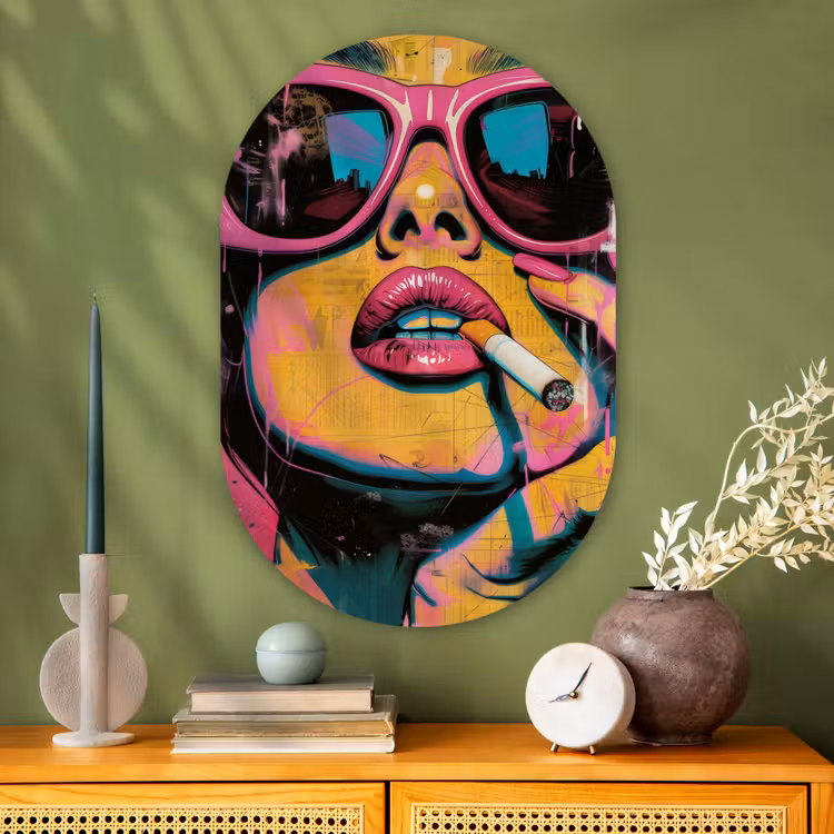 Portret - Vrouw - Abstract - Zonnebril Wandcirkel Ovaal Glas middel -sfeer2