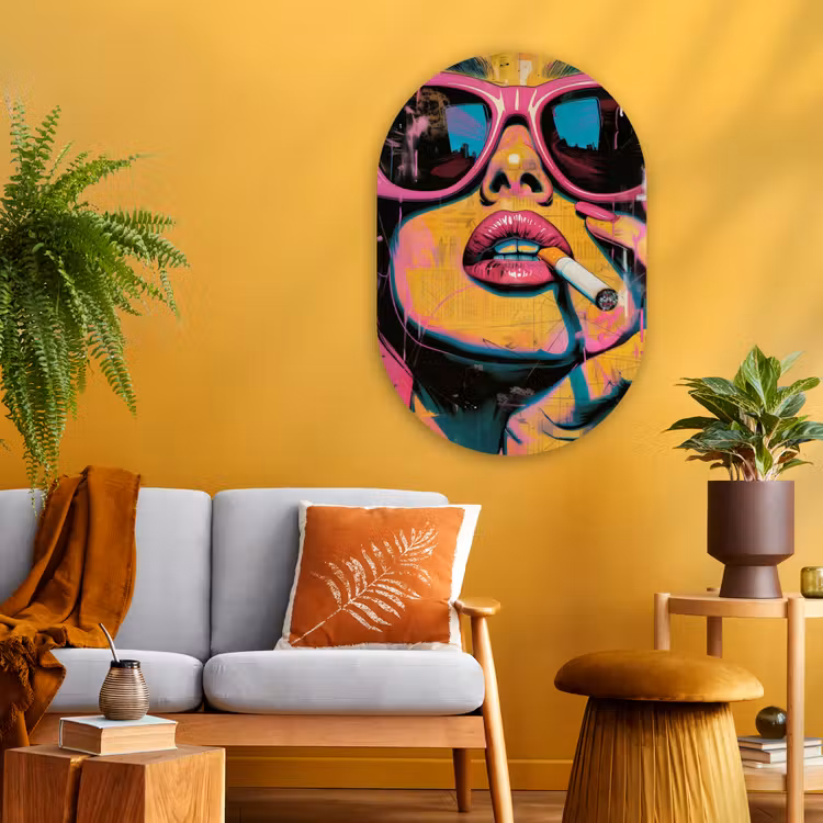 Portret - Vrouw - Abstract - Zonnebril Wandcirkel Ovaal Glas middel -sfeer4