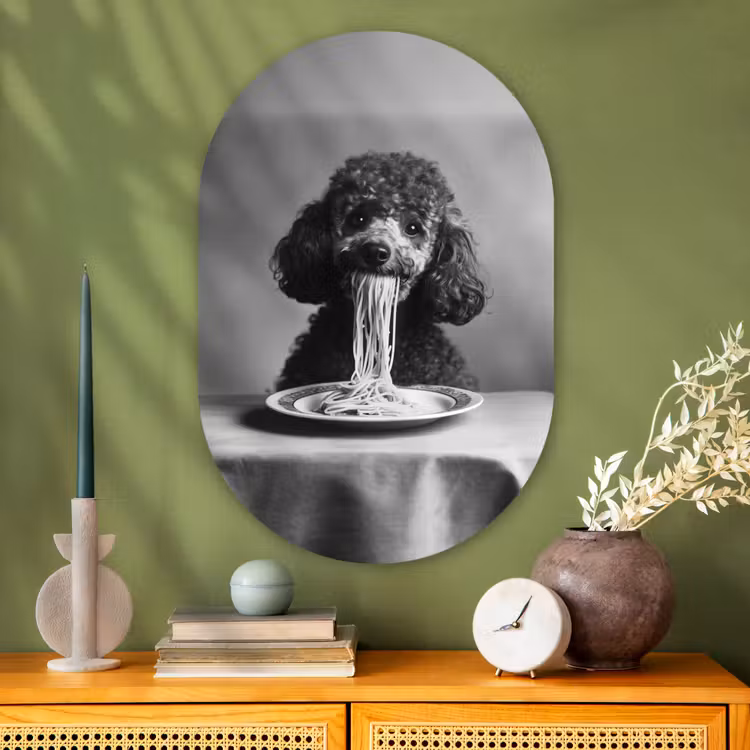Poedel - Hond - Zwart - Wit - Schattig - Pasta Wandcirkel Ovaal Glas middel -sfeer2