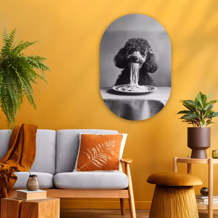 Poedel - Hond - Zwart - Wit - Schattig - Pasta Wandcirkel Ovaal Glas middel -sfeer4