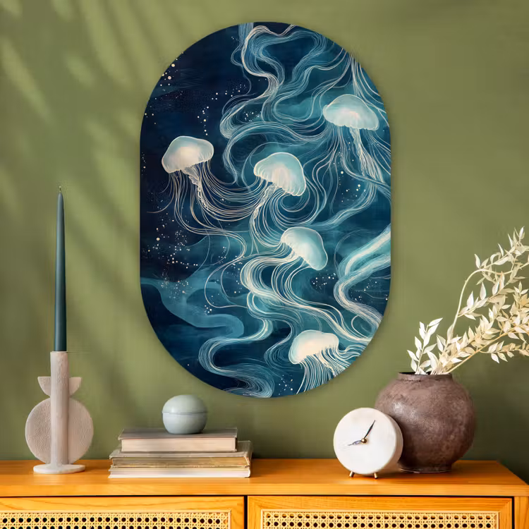 Kwallen - Zee - Wit - Golven Wandcirkel Ovaal Glas middel -sfeer2