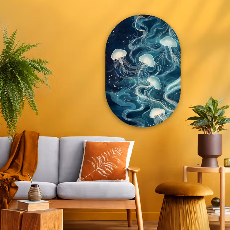 Kwallen - Zee - Wit - Golven Wandcirkel Ovaal Glas middel -sfeer4