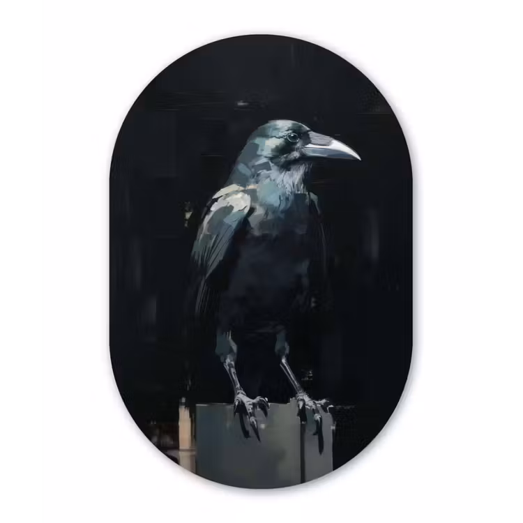 Raaf - Vogels - Zwart Wandcirkel Ovaal Glas middel -3d