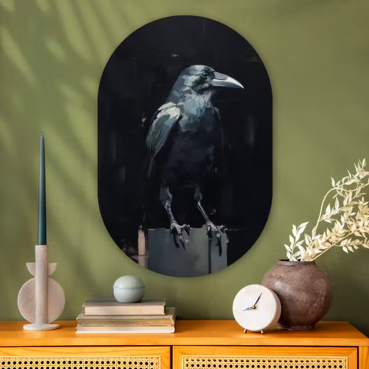 Raaf - Vogels - Zwart Wandcirkel Ovaal Glas middel -sfeer2