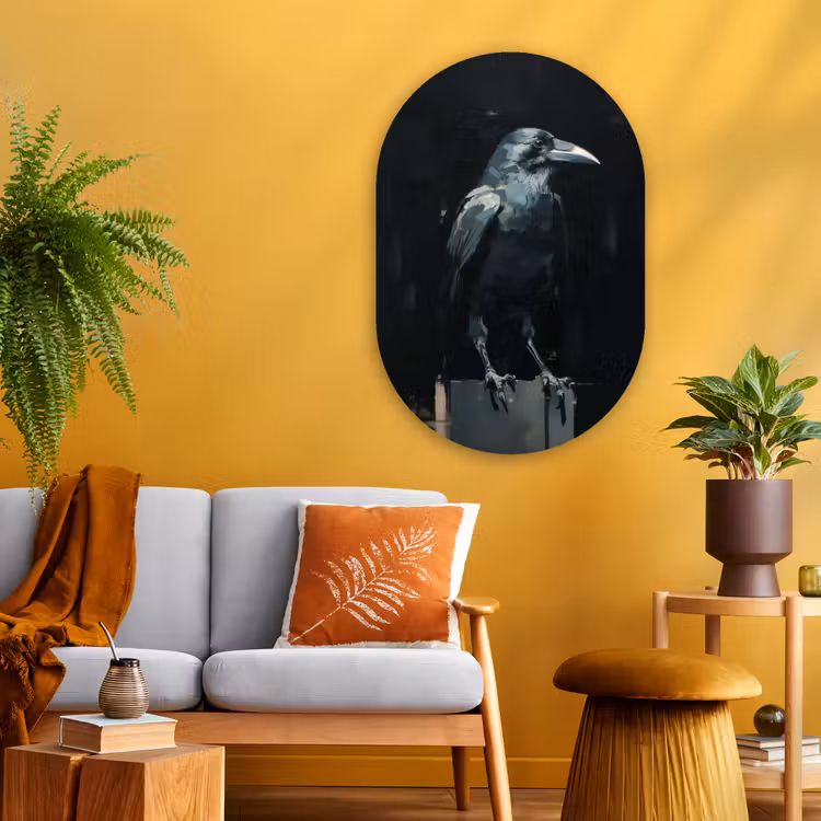 Raaf - Vogels - Zwart Wandcirkel Ovaal Glas middel -sfeer4