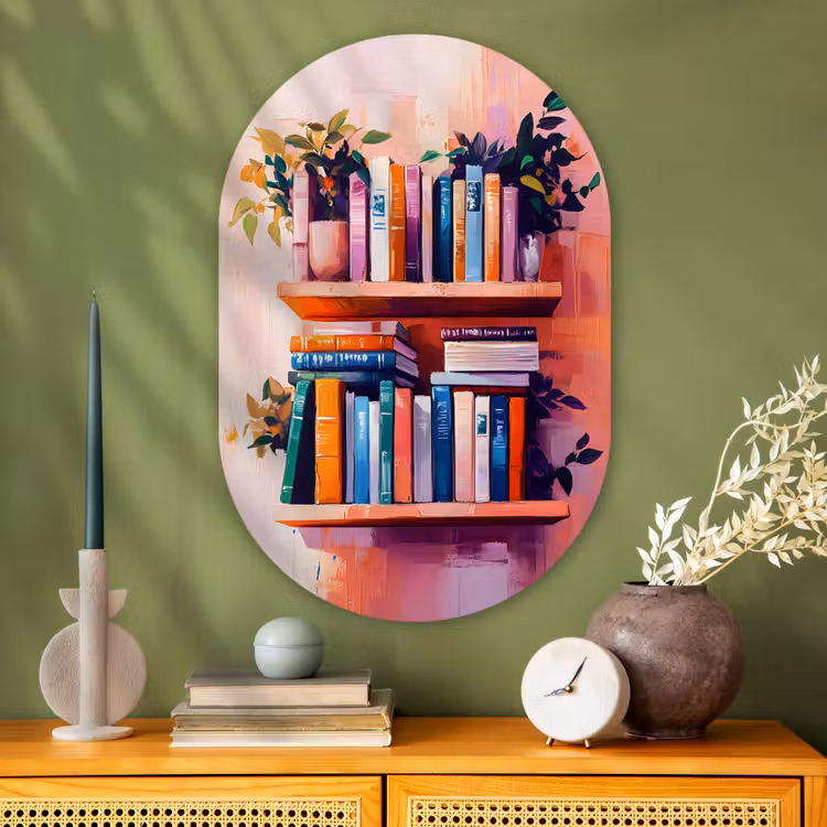 Planken - Boeken - Bladeren Wandcirkel Ovaal Glas middel -sfeer2