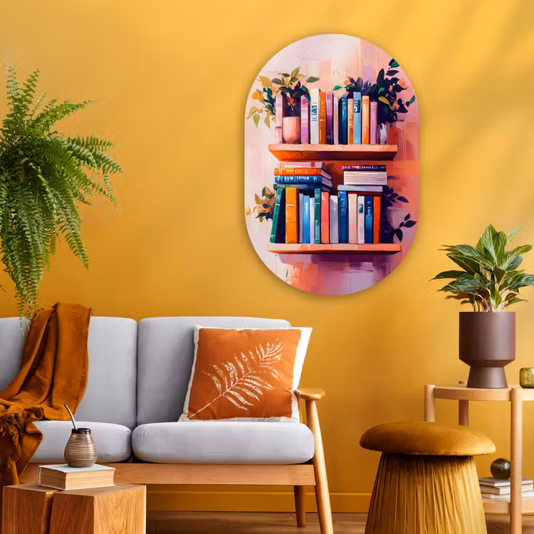 Planken - Boeken - Bladeren Wandcirkel Ovaal Glas middel -sfeer4