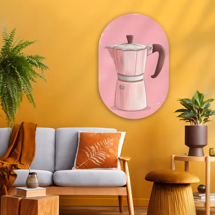 Roze - Mokkapot - Illustratie - Koffie Wandcirkel Ovaal Glas middel -sfeer4