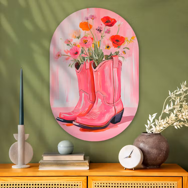 Roze - Bloemen - Cowboy Wandcirkel Ovaal Glas middel -sfeer2