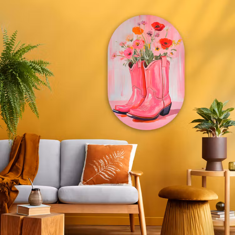 Roze - Bloemen - Cowboy Wandcirkel Ovaal Glas middel -sfeer4