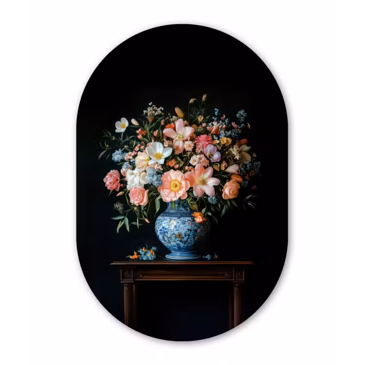 Roze - Bloemen - Vaas - Kleuren Wandcirkel Ovaal Glas middel -3d