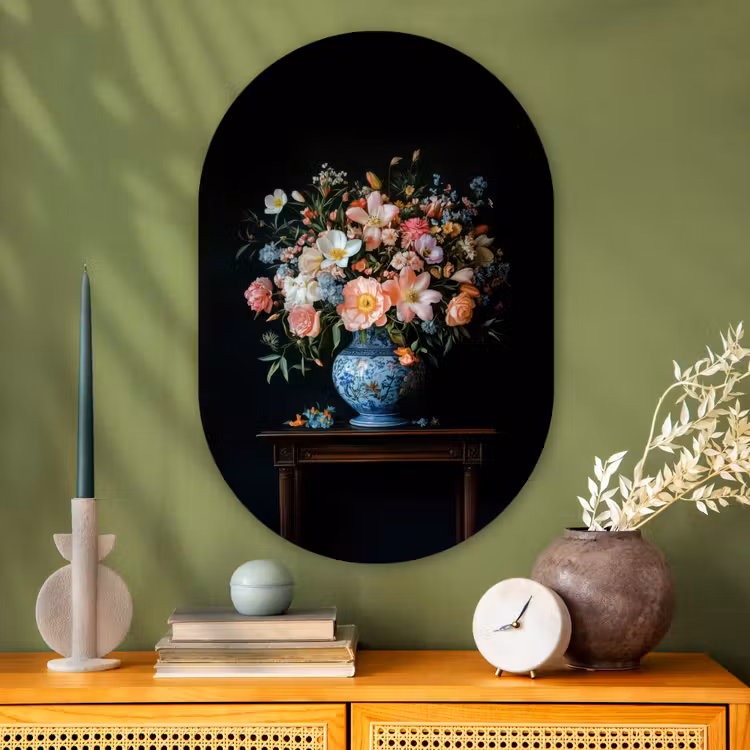 Roze - Bloemen - Vaas - Kleuren Wandcirkel Ovaal Glas middel -sfeer2