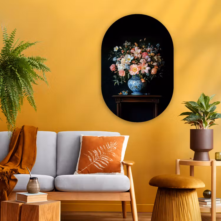 Roze - Bloemen - Vaas - Kleuren Wandcirkel Ovaal Glas middel -sfeer4