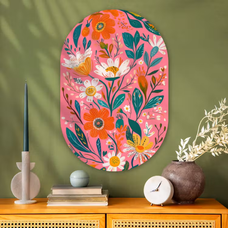 Roze - Bloemen - Wit - Oranje Wandcirkel Ovaal Glas middel -sfeer2