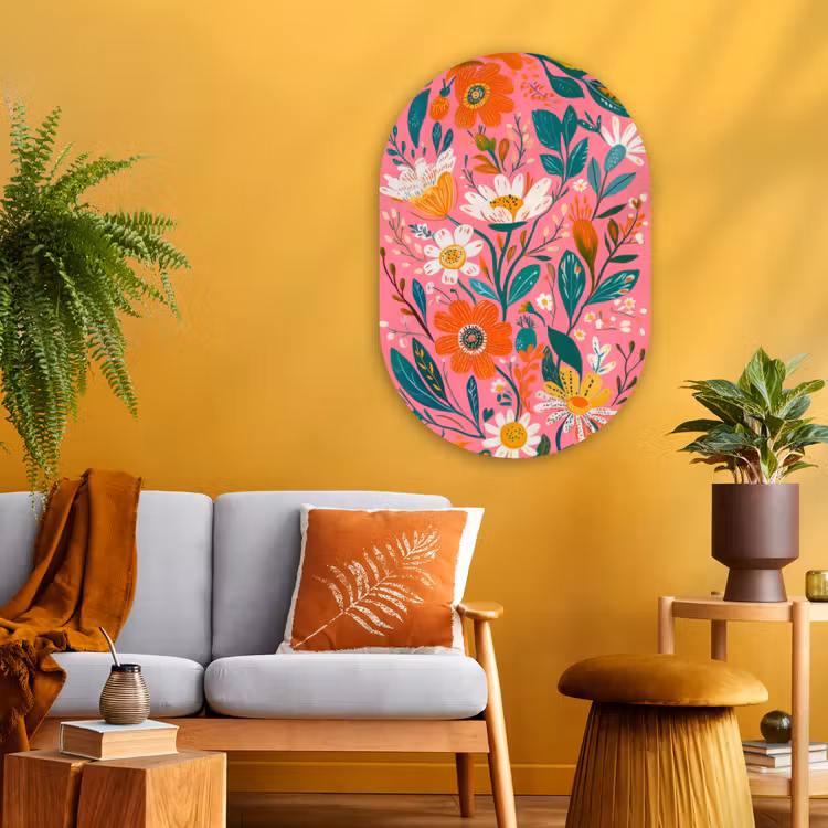 Roze - Bloemen - Wit - Oranje Wandcirkel Ovaal Glas middel -sfeer4