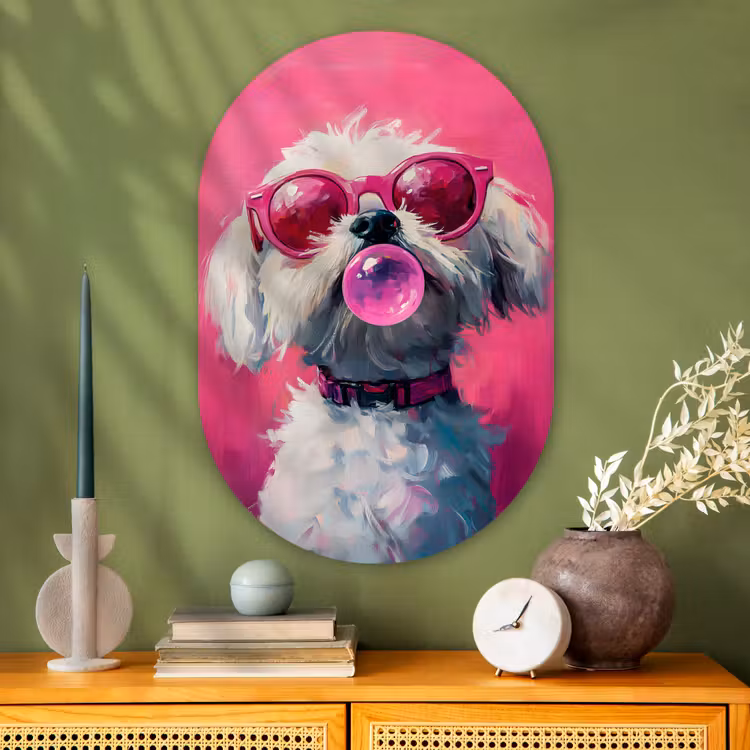 Pink - Hond - Bubbel Wandcirkel Ovaal Glas middel -sfeer2