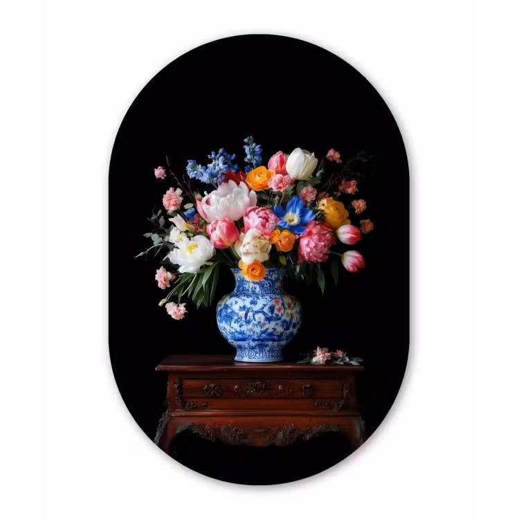Rozen - Bloemen - Vaas - Boeket Wandcirkel Ovaal Glas middel -3d