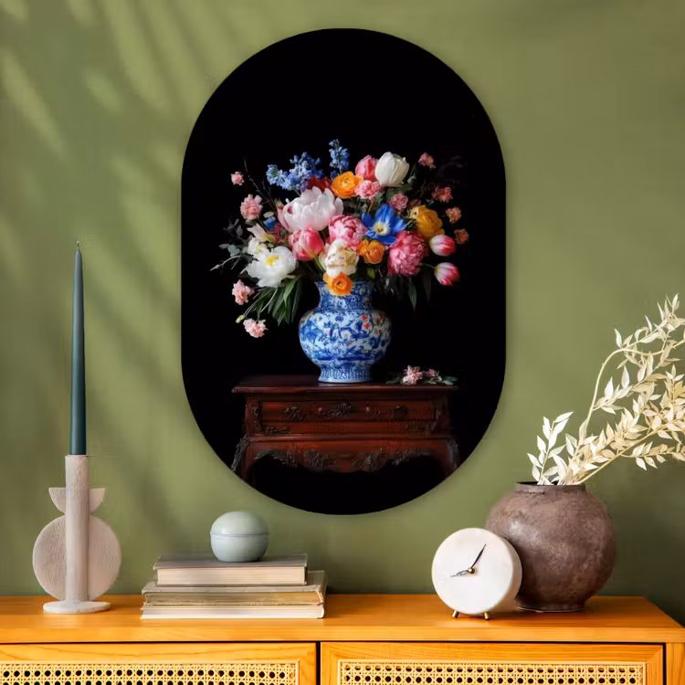 Rozen - Bloemen - Vaas - Boeket Wandcirkel Ovaal Glas middel -sfeer2