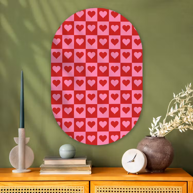 Rood - Roze - Schaakbord - Valentijn Wandcirkel Ovaal Glas middel -sfeer2