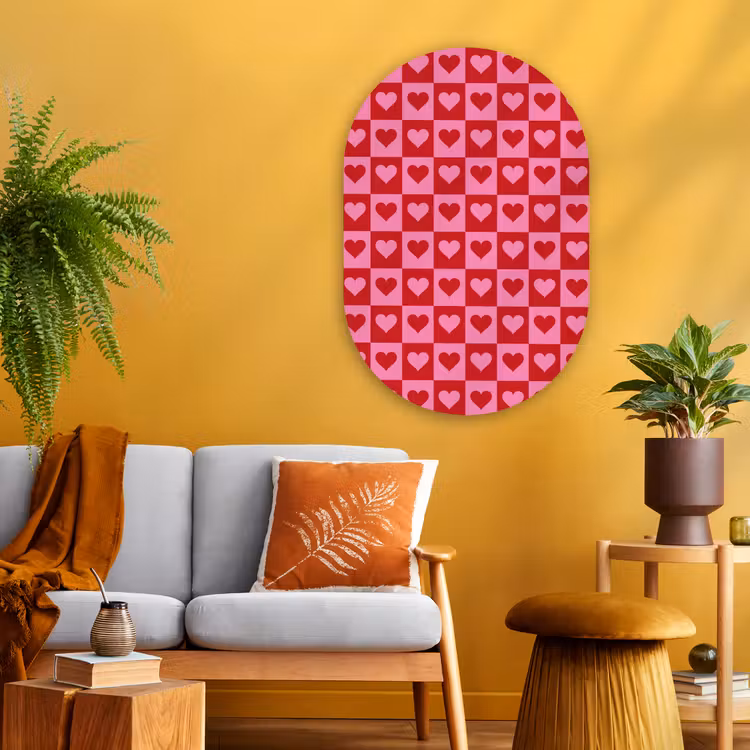 Rood - Roze - Schaakbord - Valentijn Wandcirkel Ovaal Glas middel -sfeer4