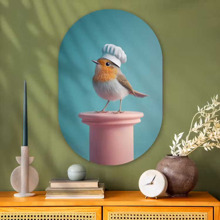 Roodborstje - Vogel - Koksmuts - Sokkel Wandcirkel Ovaal Glas middel -sfeer2