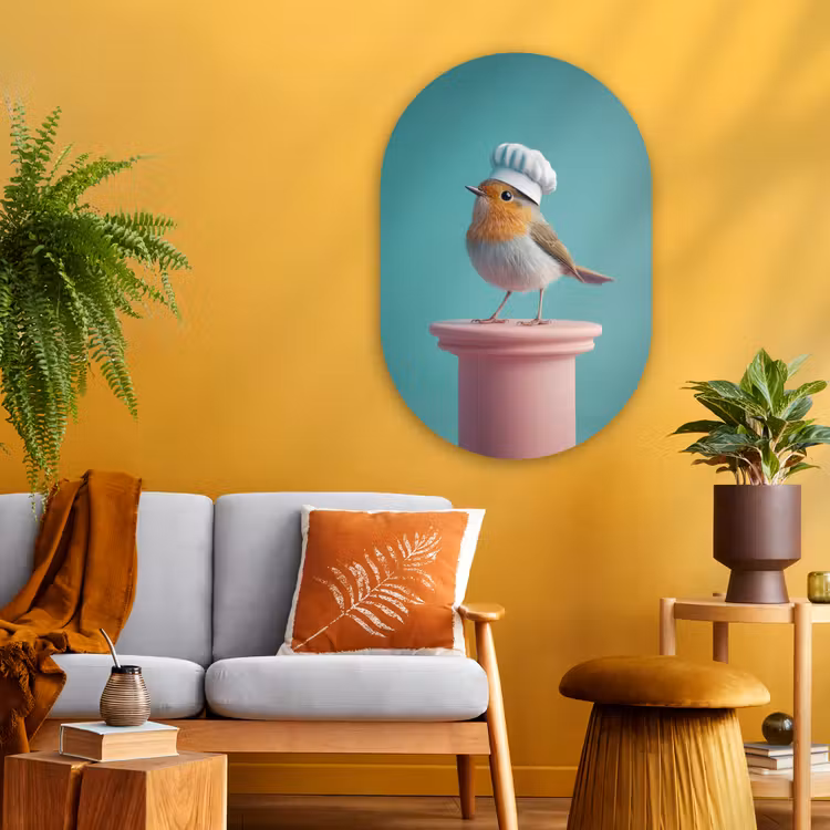 Roodborstje - Vogel - Koksmuts - Sokkel Wandcirkel Ovaal Glas middel -sfeer4