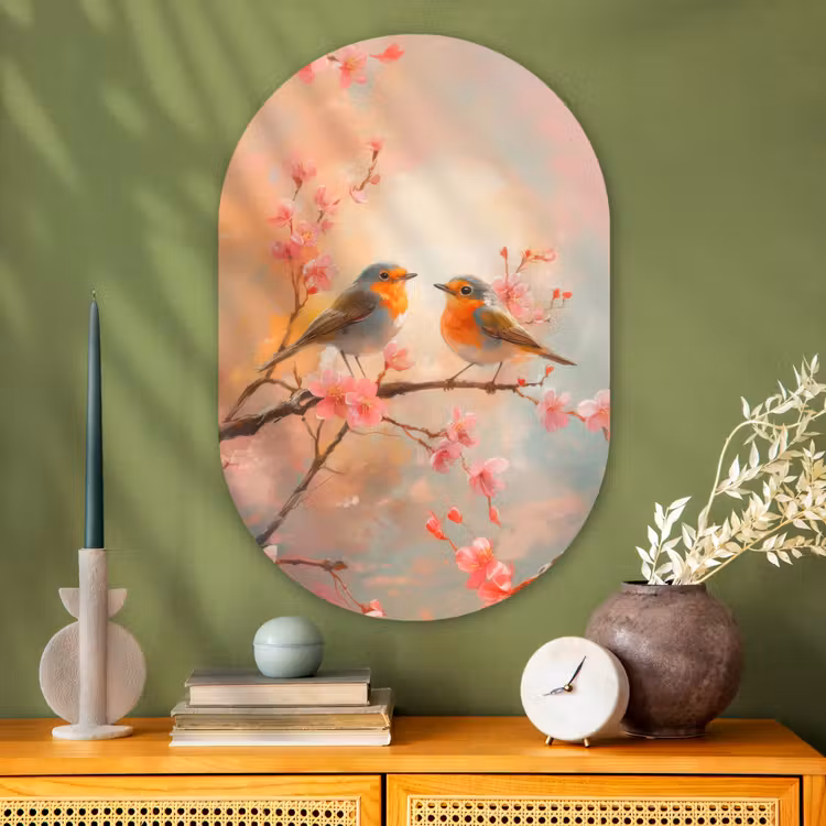 Roodborstjes - Sierlijk - Bloesemtak Wandcirkel Ovaal Glas middel -sfeer2