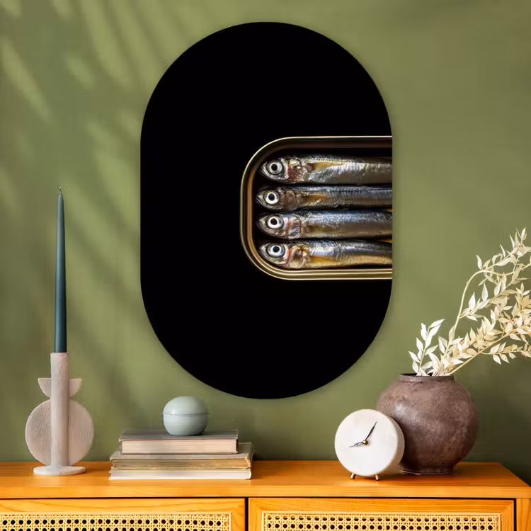 Sardines - Blik - Zwart - Vissen Wandcirkel Ovaal Glas middel -sfeer2