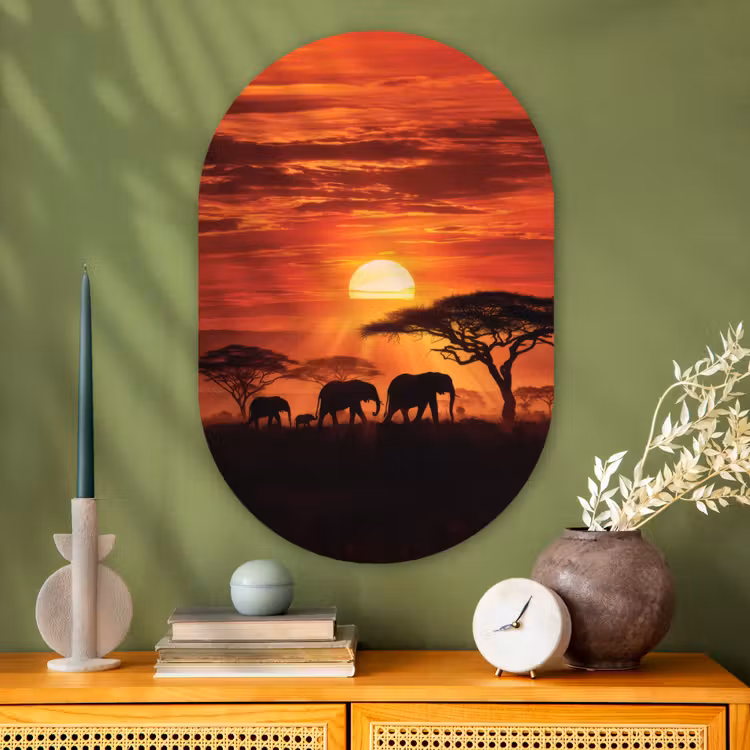 Savanne - Olifanten - Zonsondergang Wandcirkel Ovaal Glas middel -sfeer2