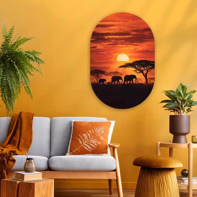 Savanne - Olifanten - Zonsondergang Wandcirkel Ovaal Glas middel -sfeer4