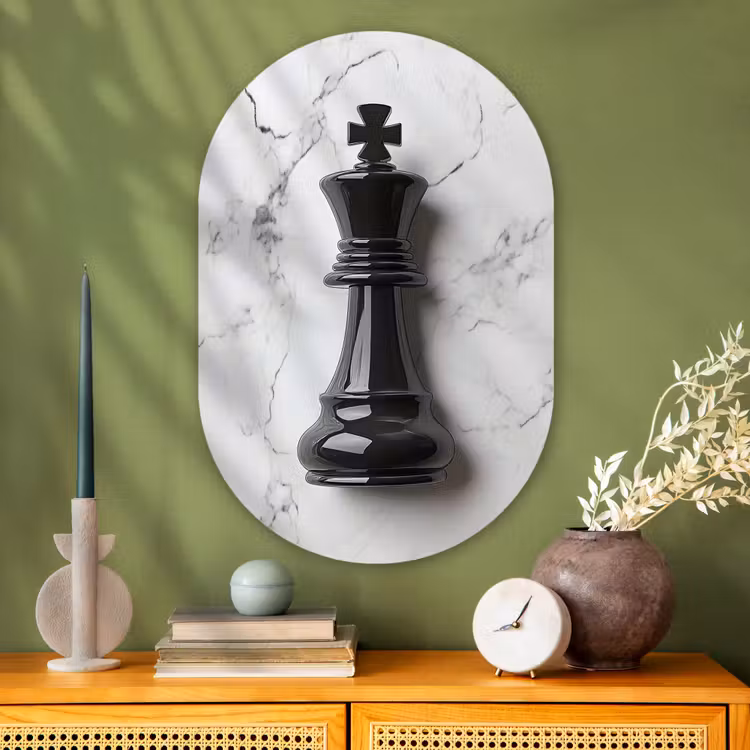 Schaakstuk - Koning - Zwart - Marmer Wandcirkel Ovaal Glas middel -sfeer2