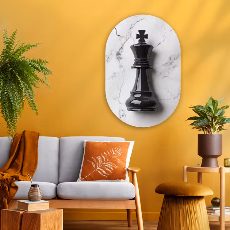 Schaakstuk - Koning - Zwart - Marmer Wandcirkel Ovaal Glas middel -sfeer4