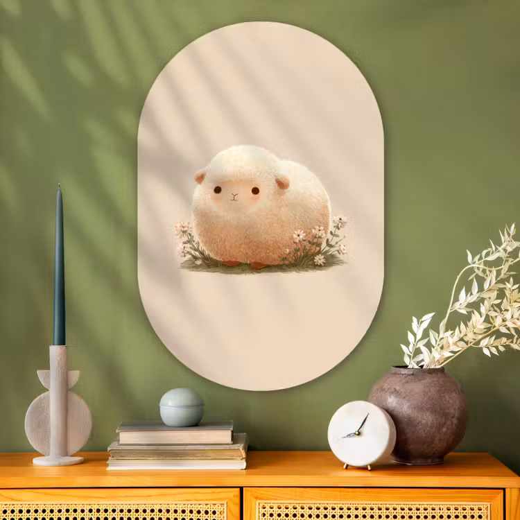 Schaap - Beige - Bloemen Wandcirkel Ovaal Glas middel -sfeer2