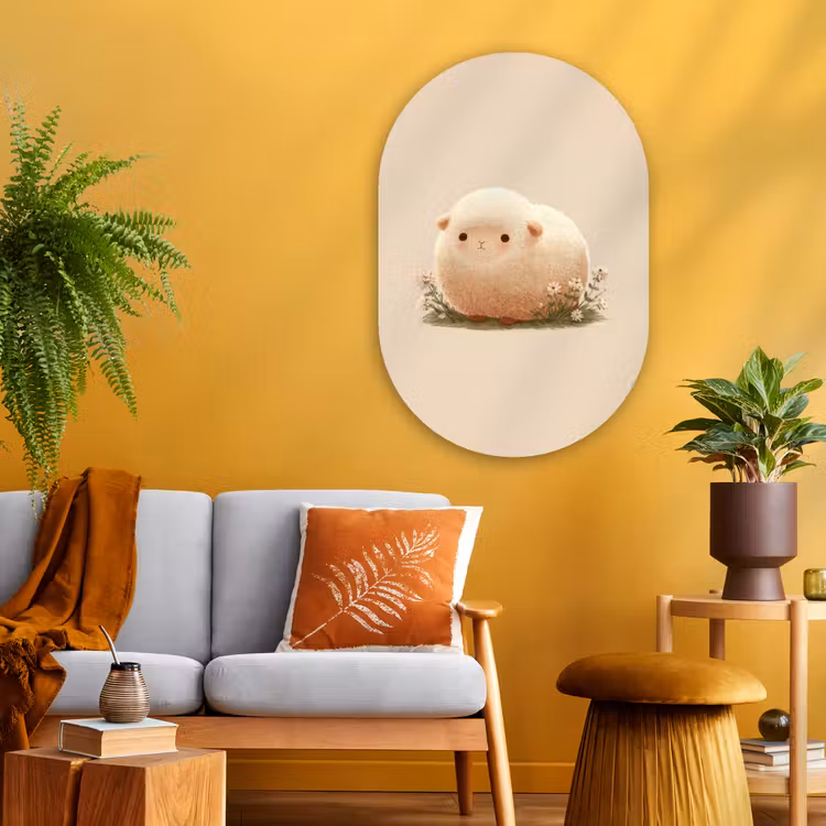 Schaap - Beige - Bloemen Wandcirkel Ovaal Glas middel -sfeer4
