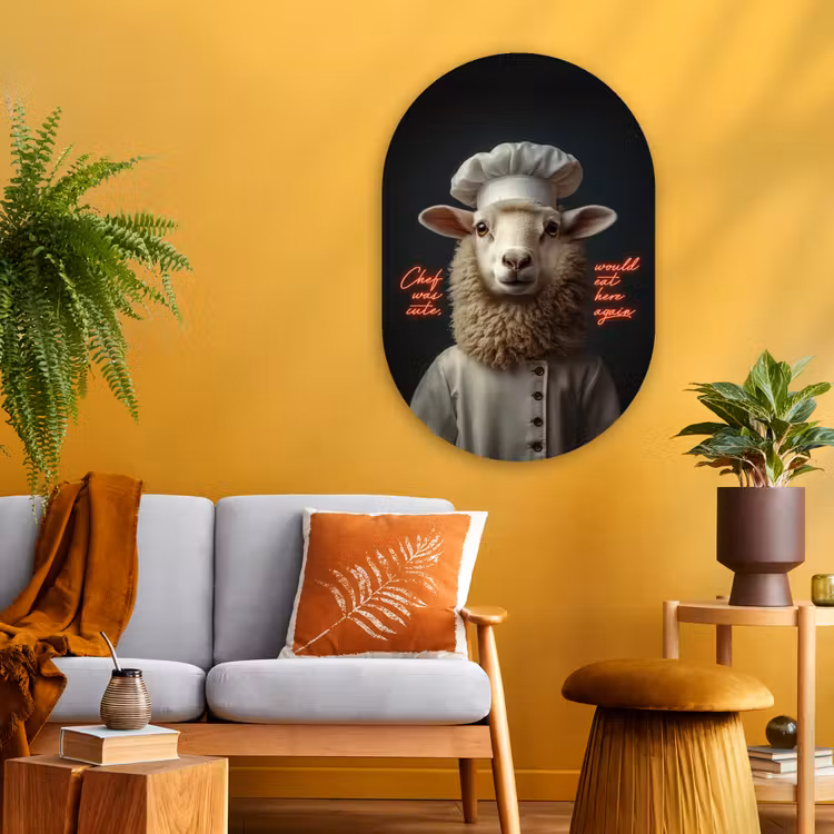 Schaap - Kokskleding - Neon - Quote Wandcirkel Ovaal Glas middel -sfeer4